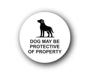 Warning sign indicating a potentially protective dog on the premises. Sign - 9.5x9.5cm Brushed Aluminium