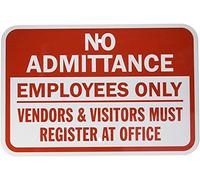 Warning Sign No Admittance Vendors/Visitors Register at Office, Red on White Business Metal Tin Signs 8"x12"
