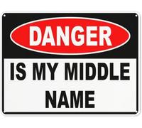 Warning Sign: Notice Traffic Sign Danger is My Middle Name, Aluminum Security Tin Road Sign for Workplace, funny decor for workshops garages offices, witty hazard-themed wall art 12x8 Inch