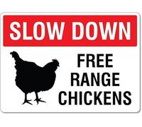 Warning Sign: Slow Down Free Range Chickens, Metal Tin Sign for Animal Traffic security, suitable for rural areas, alerts to chickens 12x8 Inch