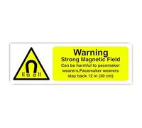 Warning Strong Magnetic Field Can Be Harmful To Pacemaker Wearers Pacemaker Wearers Stay Back 12 In 30 Cm - safety sign - High tack self-adhesive sticker (150mm x 50mm) Viewing Distance within 3m.