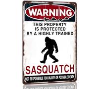 Warning the Property Is Protected by a Highly Trained Sasquatch Warning Metal Tin Sign Vintage Retro Funny Metal Sign for Indoor&Outdoor Yard Forest Camper Decor 12x8 Inch