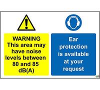 Warning this area may have noise levels between 80 and 85 dB(A) ear protection is available at your request safety sign - Self adhesive sticker 300mm x200mm