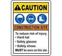 Warning Tin Sign Caution Construction Site To Reduce Risk Of Injury Hard Hat Safety Glasses for Home Coffee Bar Wall Decor 8x12 Inch