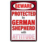 Warning Tin Signs Beware Protected By German Shepherd With Attitude Home Decor Rustic for Garden Bar Kitchen Cafes Office Store Wall 8"x12"