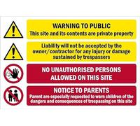 Warning to public, this building site is private property,notice to parents, multicoloured safety sign - 3mm Aluminium sign (300mm x 200mm)