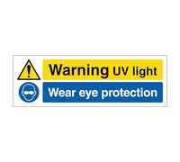 Warning UV Light Wear Eye Protection - Narrow Landscape 450 x 150 mm - Glow In The Dark 1mm Rigid Plastic