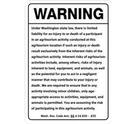 Warning: Washington Agritourism Liability WA - Wall Sign Facility Metal Sign Danger Warning Yard Indoor or Outdoor 6x8 Inch