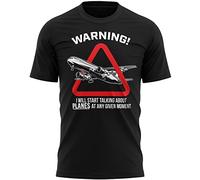 Warning Will Talk About Planes T Shirt, Funny Mens T-Shirt, Aeroplane Gifts for Him, Airport Birthday Present Ideas for Dad or Son, L, Black