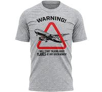 Warning Will Talk About Planes T Shirt, Funny Mens T-Shirt, Aeroplane Gifts for Him, Airport Birthday Present Ideas for Dad or Son, L, Sport Grey