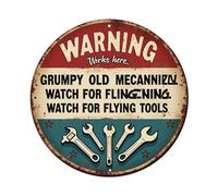 Warning Works Here Grumpy Old Mechanic Watch For Flinging Watch For Flying Tools Round Tin Sign Vintage Metal Poster Retro Bar, Home, Man Cave, Kitchen, Laundry Room Wall Art Decor Gift 8x8Inch