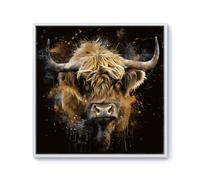 Warren Reed Bronze Splash Art Highland Cow Framed Canvas - 30" x 30" - White