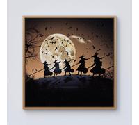 Warren Reed - Designer A Group Of Witches Riding Broomsticks Through The Night Framed Canvas in Light Brown | Size: w10 inch x h10 inch Warren Reed - Designer Light Brown w10 inch x h10 inch