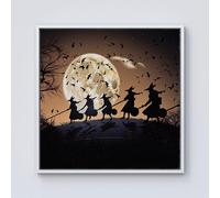 Warren Reed - Designer A Group Of Witches Riding Broomsticks Through The Night Framed Canvas in Off-White | Size: w10 inch x h10 inch Warren Reed - Designer Off-White w10 inch x h10 inch