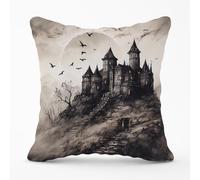 Warren Reed - Designer A Realistic Ink Drawing Of A Haunted Castle Outdoor Cushion in Grey | Size: 45 cm x 45 cm Warren Reed - Designer Grey 45 cm x 45 cm
