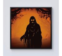 Warren Reed - Designer A Spooky Black & Orange Ghost Framed Canvas | Size: w40 inch x h40 inch Warren Reed - Designer Black w40 inch x h40 inch