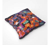Warren Reed - Designer A Vibrant & Colorful Illustration Of Witches & Pumpkin Floor Cushion in Orange | Size: Large Warren Reed - Designer Orange Large