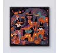 Warren Reed - Designer A Vibrant & Colorful Illustration Of Witches & Pumpkin Framed Canvas in Black | Size: w10 inch x h10 inch Warren Reed - Designer Black w10 inch x h10 inch