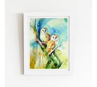 Warren Reed - Designer Barn Owls Watercolour Framed Art Print in White | Size: W8" x H10" Warren Reed - Designer White W8" x H10"