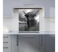 Premium Black And White Highland Cow Kitchen Splashback 6mm Toughened Glass Kitchen Splashback - Heat Resistant Splashback for Kitchens, Perfect for Cookers and Hobs, Polished Edges