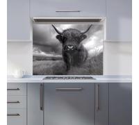 Black And White Highland Cow Kitchen Splashback Warren Reed - Designer Grey 900mm x 650mm