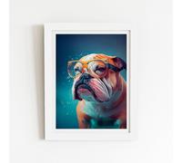 Warren Reed - Designer Bulldog With Glasses Splashart Framed Art Print in White | Size: W24" x H36" Warren Reed - Designer White W24" x H36"