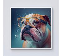 Warren Reed - Designer Bulldog With Glasses Splashart Framed Canvas in Off-White | Size: W30" x H30" Warren Reed - Designer Off-White W30" x H30"