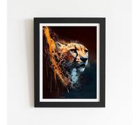 Warren Reed - Designer Cheetah Face Splashart Dark Background Framed Art Print in Black | Size: W12" x H16" Warren Reed - Designer Black W12" x H16"