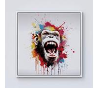 Warren Reed - Designer Coloured Splashart Crazy Monkey Face Framed Canvas in Off-White | Size: W16" x H16" Warren Reed - Designer Off-White W16" x H16"