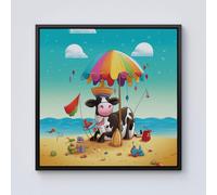 Warren Reed - Designer Cow On A Beach Holiday Framed Canvas in Black | Size: w10 inch x h10 inch Warren Reed - Designer Black w10 inch x h10 inch