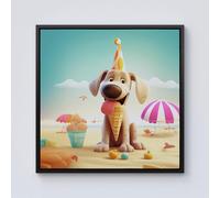Warren Reed - Designer Dog On A Beach Holiday Framed Canvas in Black | Size: W30" x H30" Warren Reed - Designer Black W30" x H30"