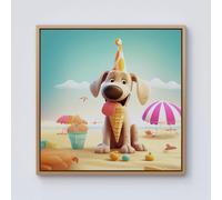 Warren Reed - Designer Dog On A Beach Holiday Framed Canvas in Light Brown | Size: w40 inch x h40 inch Warren Reed - Designer Light Brown w40 inch x h40 inch