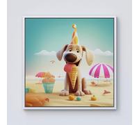 Warren Reed Dog On A Beach Holiday Framed Canvas - 30" x 30" - White