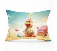 Warren Reed - Designer Funky Chicken On A Beach Holiday Cushions in Yellow | Size: 33 cm x 48 cm Warren Reed - Designer Yellow 33 cm x 48 cm