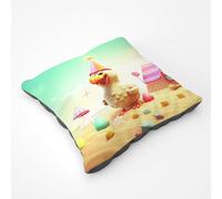 Warren Reed - Designer Funky Chicken On A Beach Holiday Floor Cushion in Yellow | Size: Large Warren Reed - Designer Yellow Large