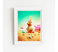 Warren Reed - Designer Funky Chicken On A Beach Holiday Framed Art Print in White | Size: W20" x H30" Warren Reed - Designer White W20" x H30"