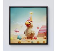 Warren Reed - Designer Funky Chicken On A Beach Holiday Framed Canvas in Black | Size: W30" x H30" Warren Reed - Designer Black W30" x H30"