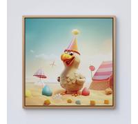 Warren Reed - Designer Funky Chicken On A Beach Holiday Framed Canvas in Light Brown | Size: W16" x H16" Warren Reed - Designer Light Brown W16" x H16"