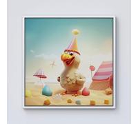 Warren Reed - Designer Funky Chicken On A Beach Holiday Framed Canvas in Off-White | Size: w10 inch x h10 inch Warren Reed - Designer Off-White w10 inch x h10 inch