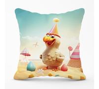 Warren Reed - Designer Funky Chicken On A Beach Holiday Outdoor Cushion in Yellow | Size: 60 cm x 60 cm Warren Reed - Designer Yellow 60 cm x 60 cm