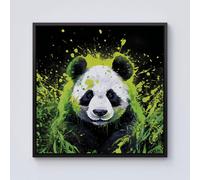 Warren Reed - Designer Green Splashart Panda Face Framed Canvas in Black | Size: w10 inch x h10 inch Warren Reed - Designer Black w10 inch x h10 inch