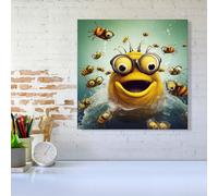Warren Reed - Designer Happy Worm & Bees Splashart Canvas in Yellow | Size: W16" x H16" Warren Reed - Designer Yellow W16" x H16"