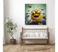 Warren Reed - Designer Happy Worm & Bees Splashart Canvas in Yellow | Size: W30" x H30" Warren Reed - Designer Yellow W30" x H30"