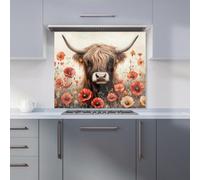 Warren Reed Designer Highland Cow And Summer Flowers Kitchen Splashback