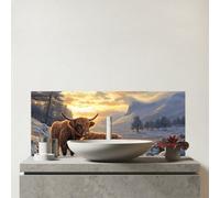 Warren Reed - Designer Highland Cows By The Lake Glass Bathroom Splashback, Multi