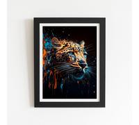 Warren Reed - Designer Leapoard Face Splashart On Dark Background Framed Art Print in Black | Size: W20" x H30" Warren Reed - Designer Black W20" x H30"
