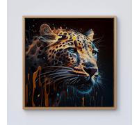 Warren Reed - Designer Leapoard Face Splashart On Dark Background Framed Canvas in Light Brown | Size: W16" x H16" Warren Reed - Designer Light Brown W16" x H16"
