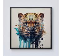 Warren Reed - Designer Leapoard Face Splashart On Light Background Framed Canvas in Black | Size: W16" x H16" Warren Reed - Designer Black W16" x H16"