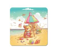 Warren Reed - Designer Lucky Teddy Bear On A Beach Holiday Coasters - Set of 4 in Yellow Warren Reed - Designer Yellow