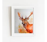 Majestic Stag Watercolour Framed Art Print Warren Reed - Designer White W16 inch x H24 inch